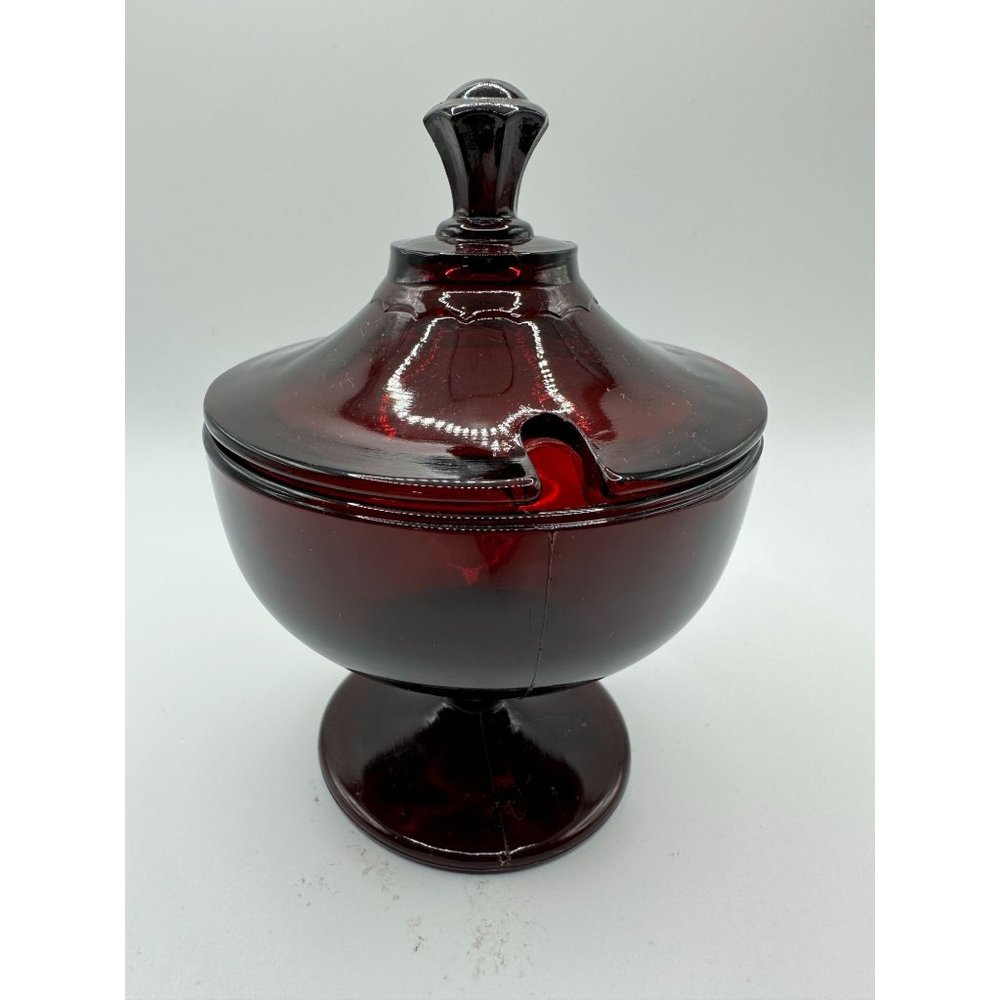 Vintage Ruby Red Glass Lidded Compote Sugar Jelly Jam Mayo Condiment Dish Bowl